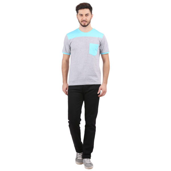 Vakum Men Grey & Sky Blue Round Neck Blocked T Shirt